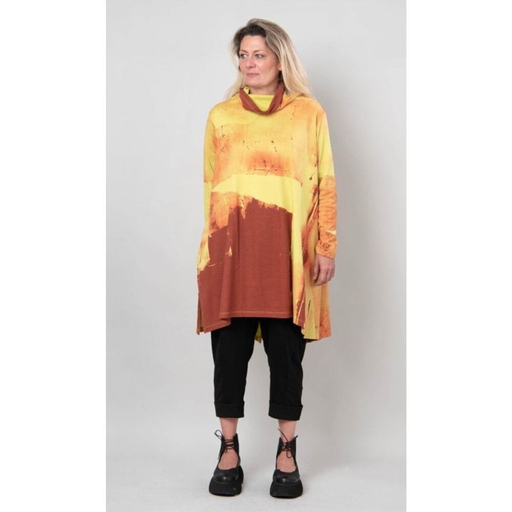 MOYURU Sz M Medium Yellow Orange Red Abstract Tunic High Neck Dress NWT